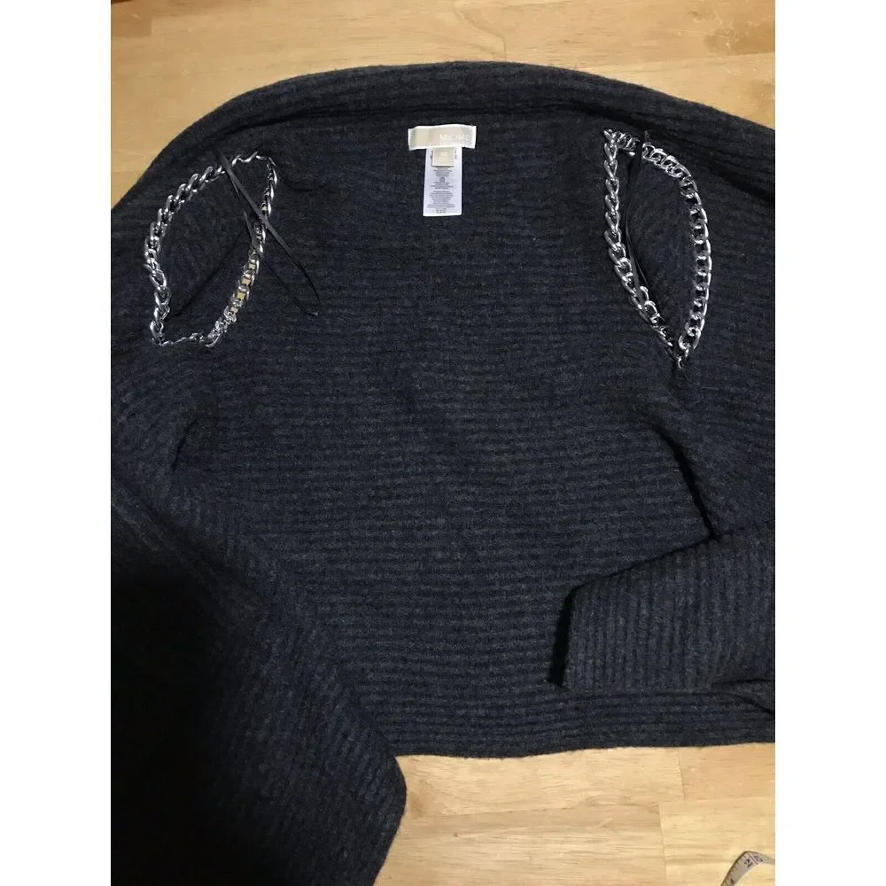 Michael Kors Gray Sweater Cardigan 100% Lamb‎ Wool Silver Chain Long Sleeve XS
